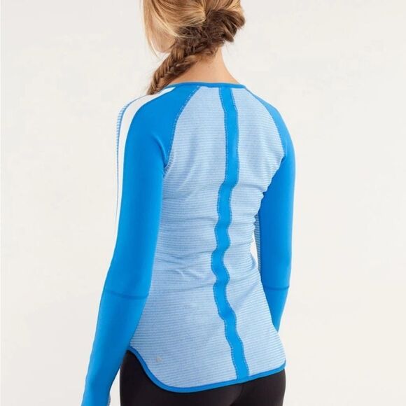 LULULEMON Runder Under Long Sleeve Mini Check Pique Reversible Shirt Blue Cream - Picture 2 of 11